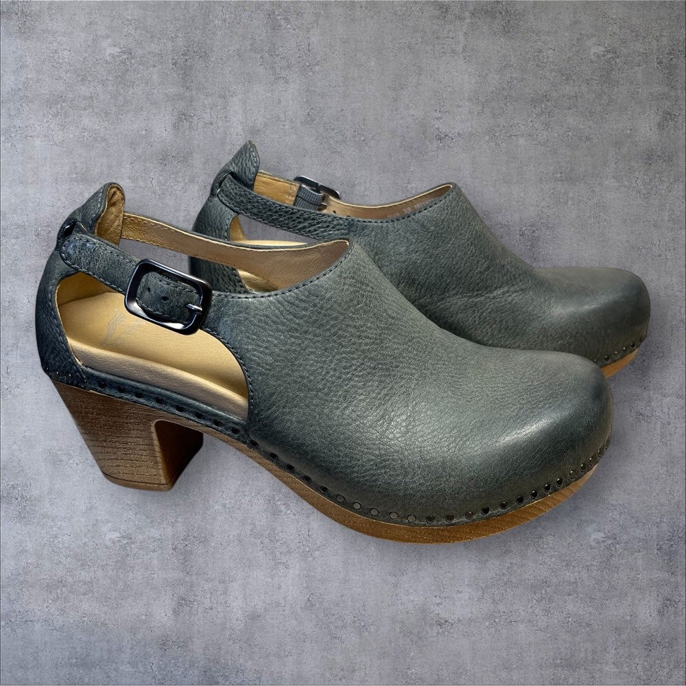 DANSKO Sassy Heel Clogs Shoes Womens 38 US 7.5-8 Slate Milled Burnished Leather